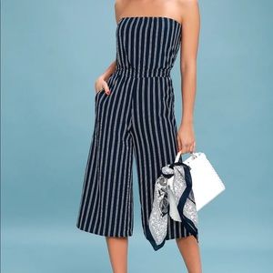 NWOT Navy Blue Striped Strapless Midi Jumpsuit